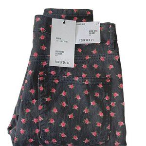 Forever 21 Black Rose-Print High-Rise Skinny Jeans Size 8 (27)